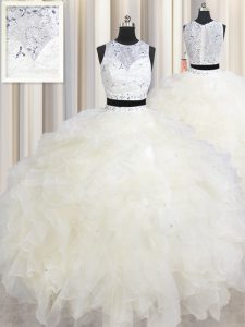 Scoop Champagne Lace Up Quinceanera Gowns Beading and Ruffles Sleeveless Floor Length