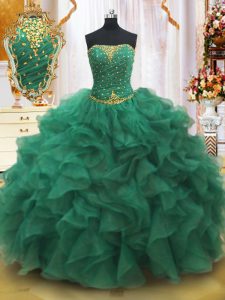 Designer Floor Length Ball Gowns Sleeveless Dark Green 15th Birthday Dress Lace Up