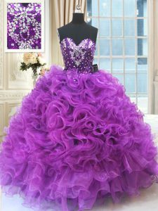 Modern Eggplant Purple Organza Lace Up 15 Quinceanera Dress Sleeveless Floor Length Beading and Ruffles