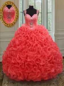 Charming Organza Straps Sleeveless Zipper Beading Quinceanera Dresses in Coral Red