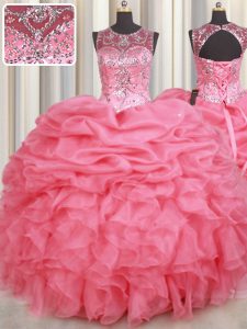 Custom Fit Watermelon Red Scoop Neckline Beading and Ruffles and Pick Ups 15th Birthday Dress Sleeveless Lace Up