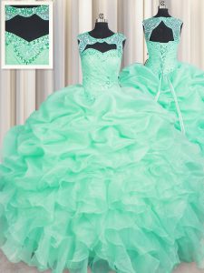 Ideal Scoop Sleeveless Organza Vestidos de Quinceanera Beading and Ruffles and Pick Ups Lace Up
