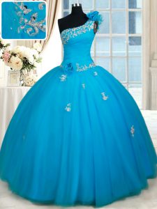 Baby Blue One Shoulder Neckline Beading and Appliques and Hand Made Flower 15 Quinceanera Dress Sleeveless Zipper