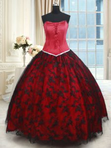 Black and Red Strapless Neckline Lace 15th Birthday Dress Sleeveless Lace Up