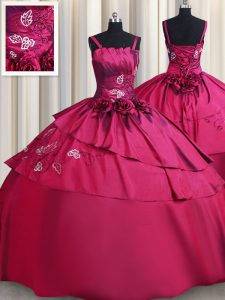 Straps Floor Length Burgundy Sweet 16 Dresses Satin Sleeveless Embroidery and Hand Made Flower