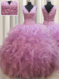 Lilac Sleeveless Organza Lace Up Quince Ball Gowns for Military Ball and Sweet 16 and Quinceanera