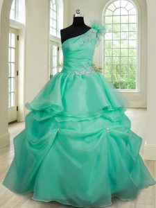 Graceful One Shoulder Turquoise Sleeveless Floor Length Beading and Hand Made Flower Lace Up Sweet 16 Dress