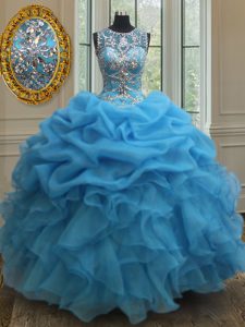 See Through Baby Blue Ball Gowns Organza Scoop Sleeveless Beading and Ruffles and Pick Ups Floor Length Lace Up Quincean