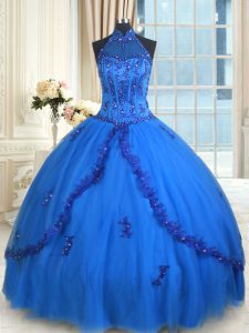 Trendy See Through Blue Lace Up Halter Top Beading and Appliques Quince Ball Gowns Tulle Sleeveless