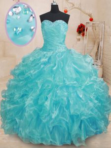Deluxe Aqua Blue Sleeveless Floor Length Beading and Ruffles Lace Up Ball Gown Prom Dress