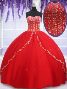 Red Ball Gowns Sweetheart Sleeveless Tulle Floor Length Lace Up Beading and Appliques Vestidos de Quinceanera
