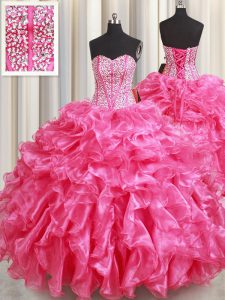 Super Hot Pink Organza Lace Up Quinceanera Dress Sleeveless Floor Length Beading and Ruffles