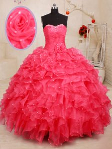 Best Sleeveless Floor Length Beading and Ruffles and Sequins and Hand Made Flower Lace Up Quince Ball Gowns with Coral R