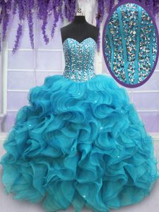 Teal Ball Gowns Sweetheart Sleeveless Organza Floor Length Lace Up Beading and Ruffles Quinceanera Dress