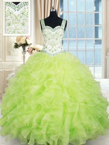 Straps Yellow Green Lace Up Sweet 16 Dresses Beading and Ruffles Sleeveless Floor Length