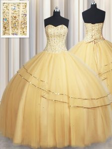 Gold Ball Gowns Beading and Sequins Quince Ball Gowns Lace Up Tulle Sleeveless Floor Length