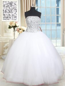 Tulle Strapless Sleeveless Lace Up Beading and Sequins 15th Birthday Dress in White