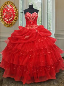 Custom Design Sequins Pick Ups Ruffled Floor Length Red 15 Quinceanera Dress Sweetheart Sleeveless Lace Up