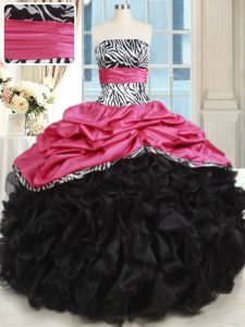 Fine Floor Length Pink And Black Sweet 16 Dress Strapless Sleeveless Lace Up
