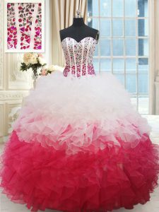 Sweetheart Sleeveless Lace Up Quince Ball Gowns White and Red Organza