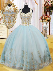 Ball Gowns Ball Gown Prom Dress Light Blue Halter Top Organza Sleeveless Floor Length Lace Up