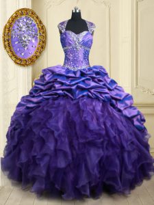 Popular Straps Purple Quince Ball Gowns Organza and Taffeta Brush Train Cap Sleeves Beading and Ruffles and Pick Ups
