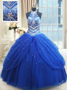 Unique Pick Ups Halter Top Sleeveless Lace Up Quinceanera Dresses Royal Blue Tulle