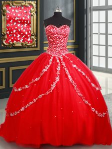 Red Ball Gowns Tulle Sweetheart Sleeveless Beading and Appliques Lace Up 15 Quinceanera Dress