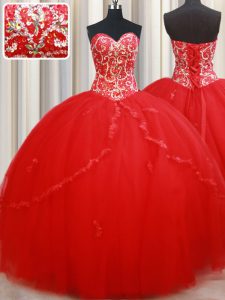 Fashion Red Sweetheart Neckline Beading and Appliques Quinceanera Gowns Sleeveless Lace Up