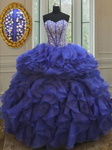 Sweetheart Sleeveless 15th Birthday Dress Floor Length Beading and Ruffles Royal Blue Organza