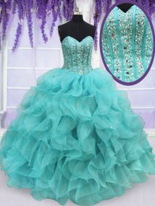 Beauteous Sweetheart Sleeveless Lace Up Quinceanera Gowns Aqua Blue Organza