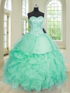 Luxury Apple Green Ball Gowns Beading and Ruffles Sweet 16 Dress Lace Up Organza Sleeveless Floor Length