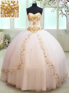 High Quality White Sleeveless Floor Length Beading and Appliques Lace Up Vestidos de Quinceanera