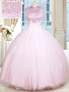 Noble Baby Pink Satin and Tulle Lace Up Sweetheart Sleeveless Floor Length 15 Quinceanera Dress Beading
