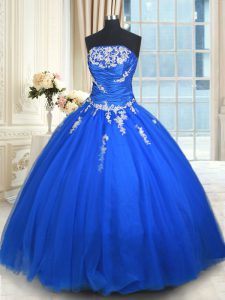 Sleeveless Tulle Floor Length Lace Up Quinceanera Gowns in Blue with Beading and Appliques