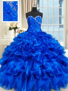 Excellent Sweetheart Sleeveless Quinceanera Dresses Floor Length Beading and Ruffles Royal Blue Organza