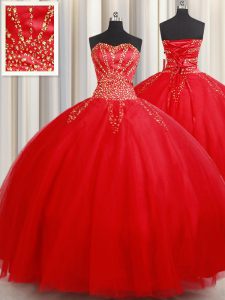 Dynamic Red Tulle Lace Up Sweetheart Sleeveless Floor Length Vestidos de Quinceanera Beading