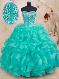 Dramatic Turquoise Sleeveless Floor Length Beading and Ruffles Lace Up Sweet 16 Quinceanera Dress