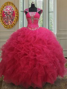 Square Hot Pink Tulle Lace Up Sweet 16 Dress Cap Sleeves Floor Length Beading and Ruffles