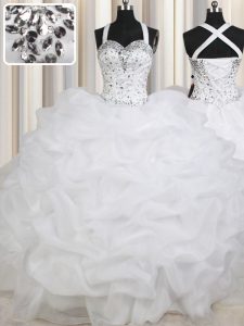Straps Floor Length Lace Up Quinceanera Dresses White for Military Ball and Sweet 16 and Quinceanera with Beading and Pi