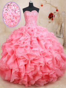 Pink Ball Gowns Beading and Ruffles Quinceanera Dress Lace Up Organza Sleeveless Floor Length