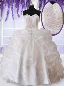 White Lace Up Sweetheart Beading and Appliques and Pick Ups Quince Ball Gowns Organza Sleeveless