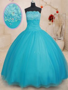 Scalloped Aqua Blue Tulle Lace Up Quinceanera Dress Sleeveless Floor Length Beading