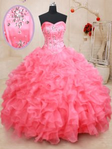 Pink Sleeveless Organza Lace Up Sweet 16 Quinceanera Dress for Military Ball and Sweet 16 and Quinceanera