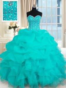 Pick Ups Ball Gowns Quinceanera Dress Turquoise Sweetheart Organza Sleeveless Floor Length Lace Up