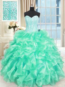 Hot Sale Turquoise Ball Gowns Organza Sweetheart Sleeveless Beading and Ruffles Floor Length Lace Up Vestidos de Quincea