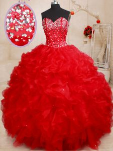 Exquisite Ball Gowns Vestidos de Quinceanera Red Sweetheart Organza Sleeveless Floor Length Lace Up