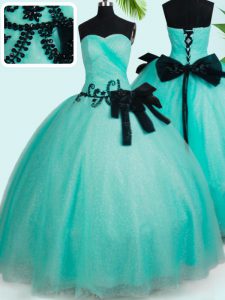 Turquoise Ball Gowns Beading and Bowknot 15th Birthday Dress Lace Up Tulle Sleeveless Floor Length