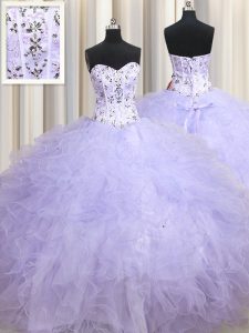 Sumptuous Lavender Sweetheart Lace Up Beading and Ruffles Quince Ball Gowns Sleeveless