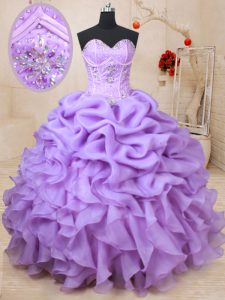 Deluxe Lavender Ball Gowns Sweetheart Sleeveless Organza Floor Length Lace Up Beading and Ruffles and Pick Ups Quinceane